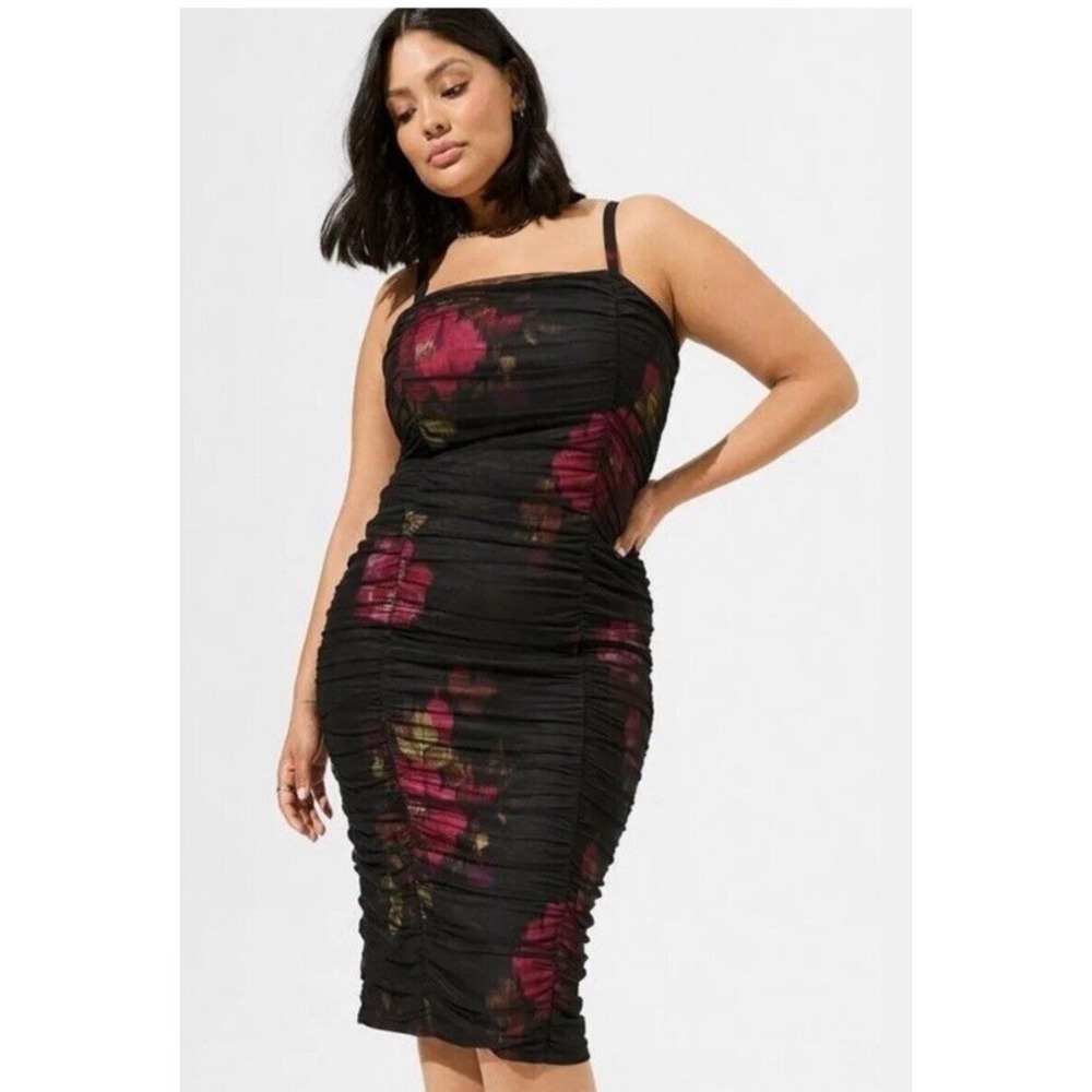 Torrid Plus Size 5 Dress Goth Floral Blair Mesh Midi Bodycon Ruched PinUp